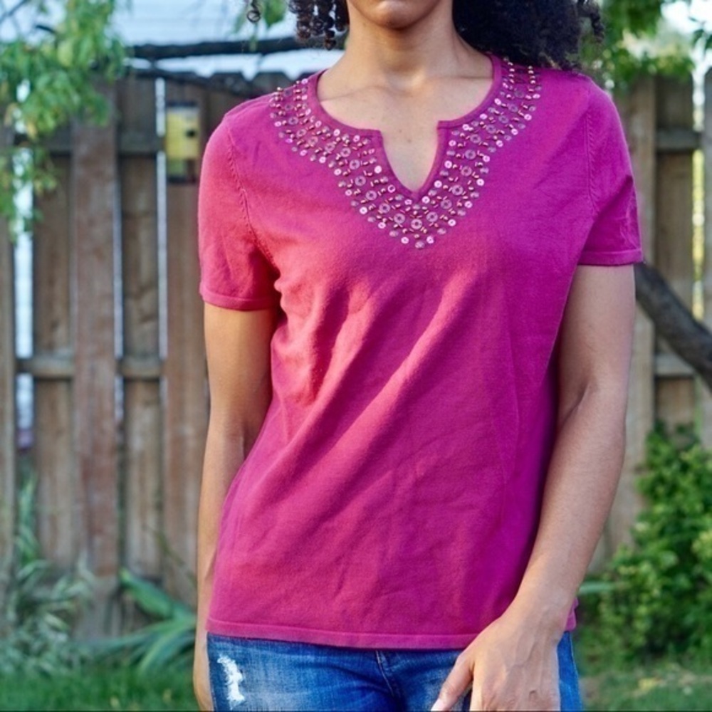 🍁 Short Sleeve Beaded‎ V-Neck Sweater